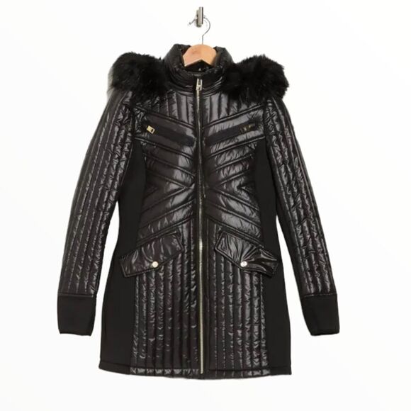 MICHAEL KORS | Black | Water-Resistant Faux Fur Trim Hooded Quilted Jacket - Picture 3 of 3